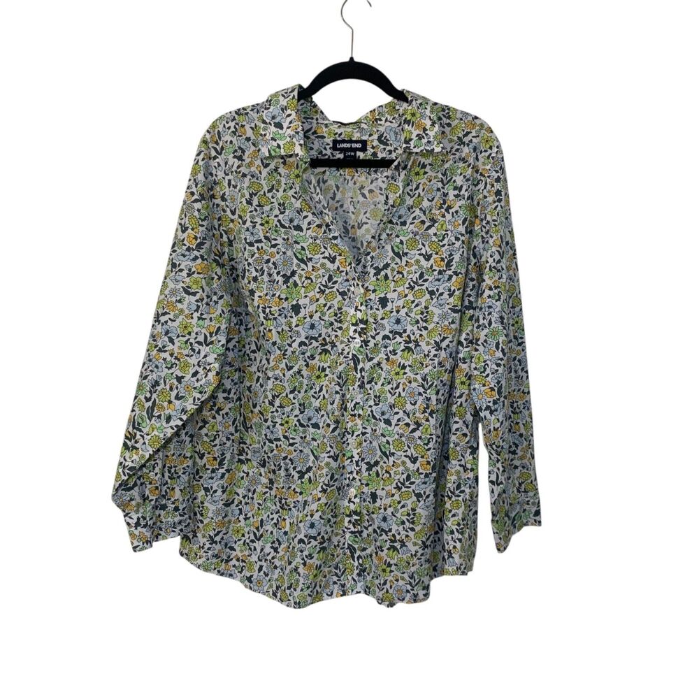 Lands End Womens No Iron Supima Cotton Button Down Shirt 24W Green Floral Office